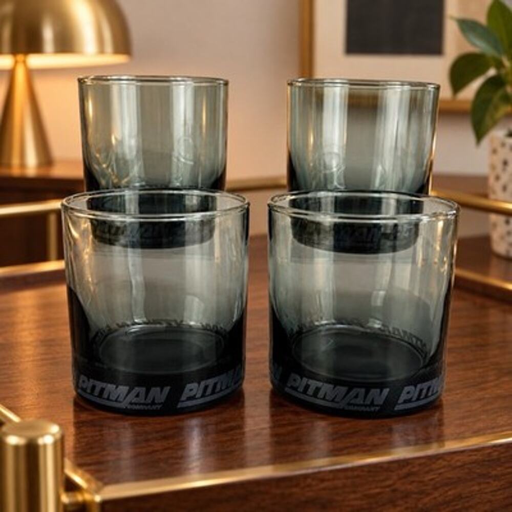 Set of 4 Pitman Company Smoked Glass Whiskey Tumblers Advertising Barware
